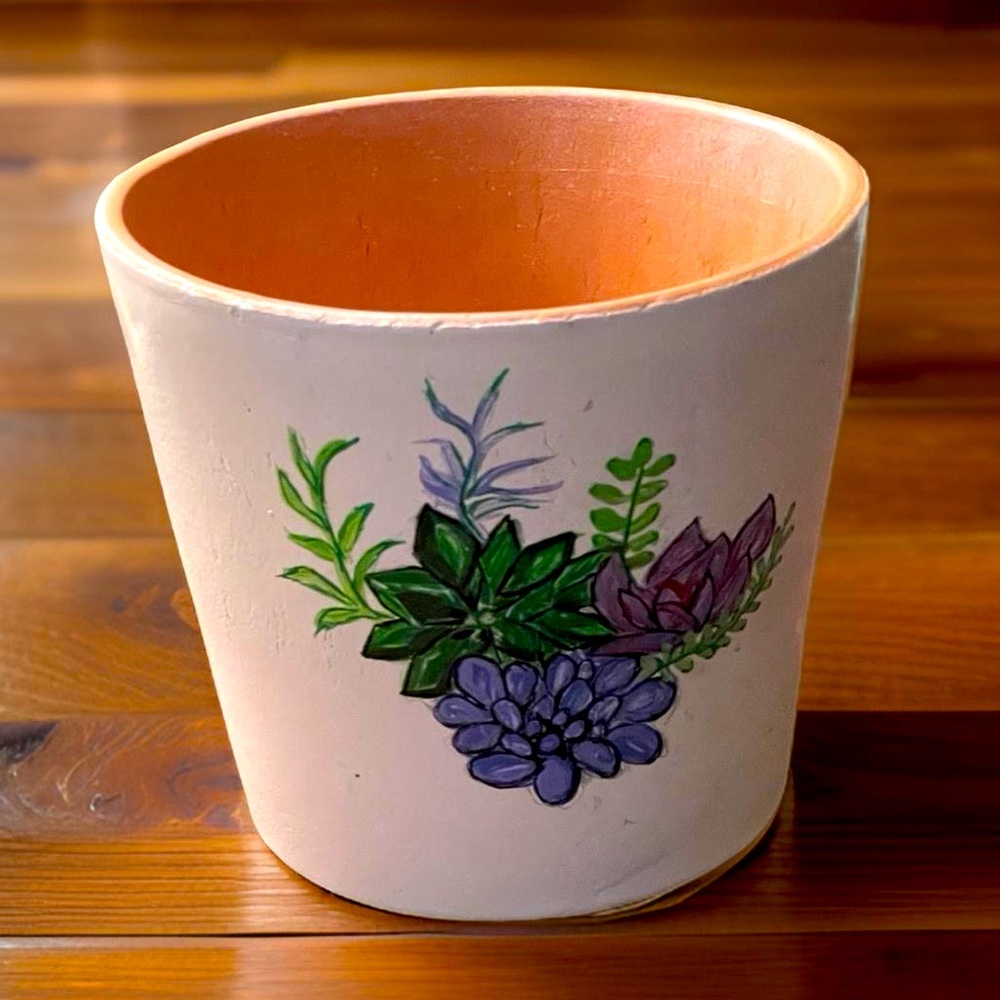 Hand crafted upcycled Terra cotta pot painted white green blue purple floral
